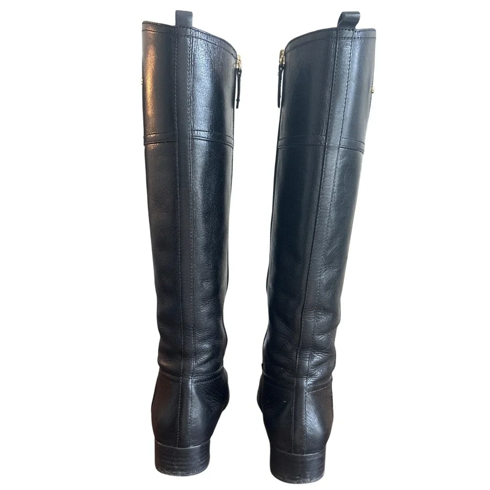 Tory Burch Kiernan Black Leather Riding Boots Gold Logo Knee High 7